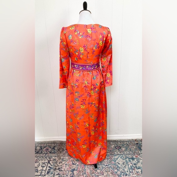 Size XS Orange Purple Vibrant Maxi Dress VTG 60s 70s Gogo Mod Boho Hippie Floral - Picture 2 of 16
